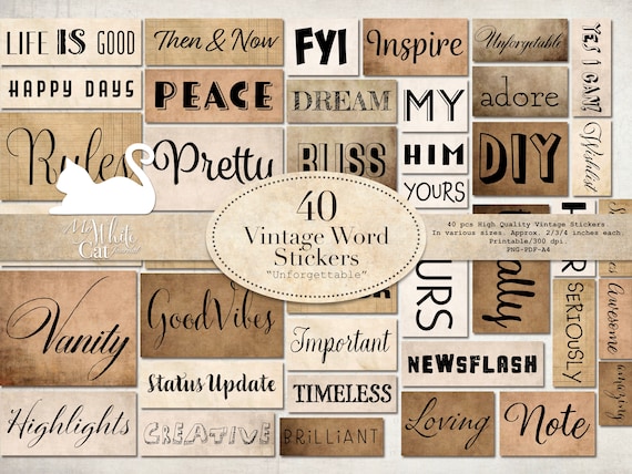 Junk Journal, Word Stickers, Printable, Collage Sheets, Positive