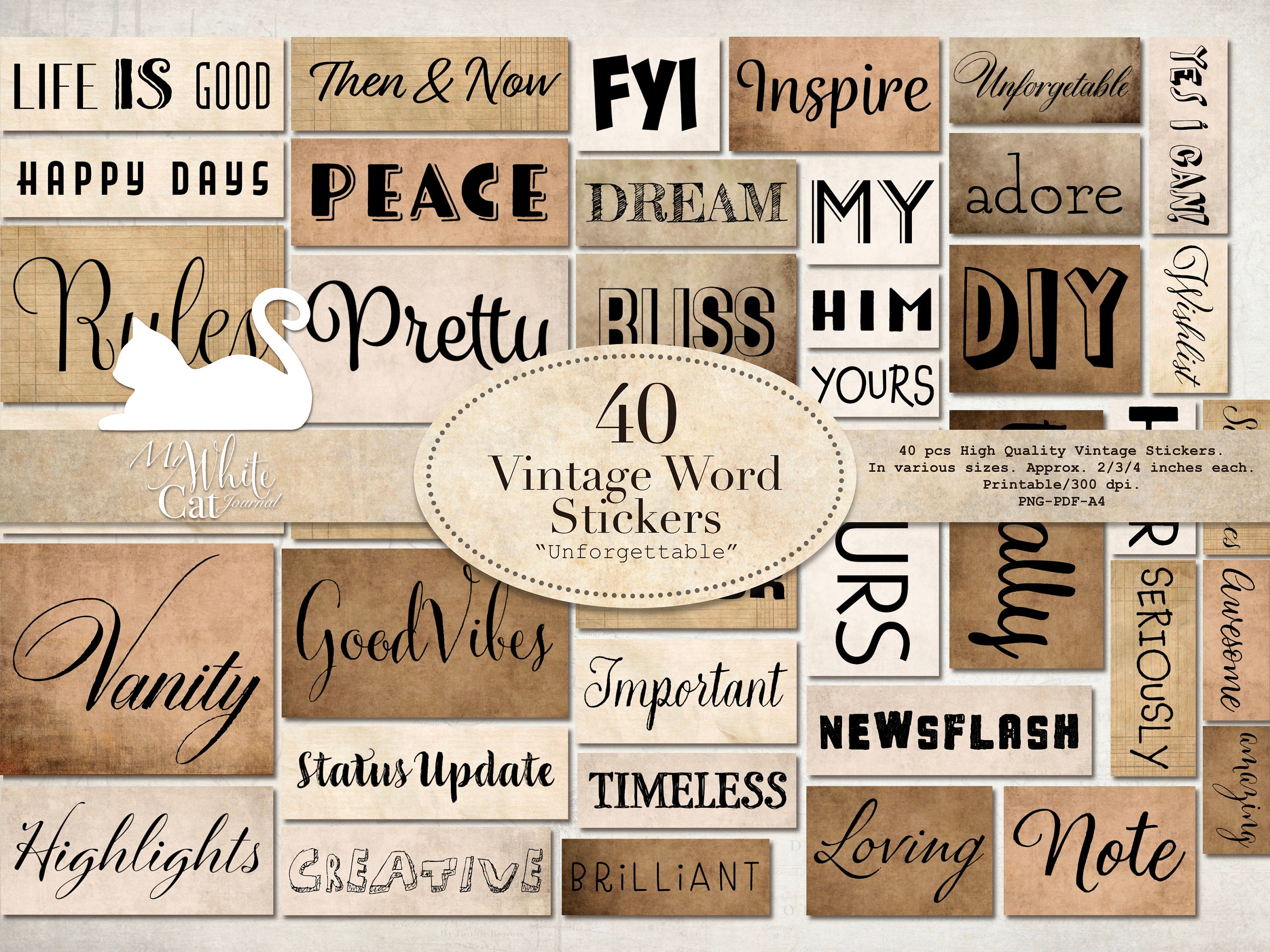 junk journal printable word stickers collage sheets sticker etsy canada