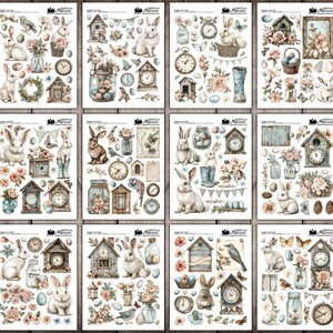 May include: A set of 10 digital paper sheets featuring a spring theme with bunnies, birds, clocks, flowers, and eggs. The papers are in a watercolor style with a vintage aesthetic.
