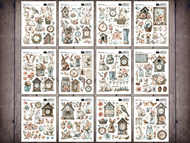 May include: A set of 10 digital paper sheets featuring a spring theme with bunnies, birds, clocks, flowers, and eggs. The papers are in a watercolor style with a vintage aesthetic.