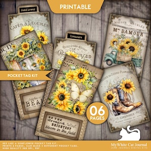Junk Journal, Bee Like A Sunflower, Pocket Tag, Printable, Ephemera, Yellow, Summer, Card, Embellishment, Tags, Scrapbook, Digital Download
