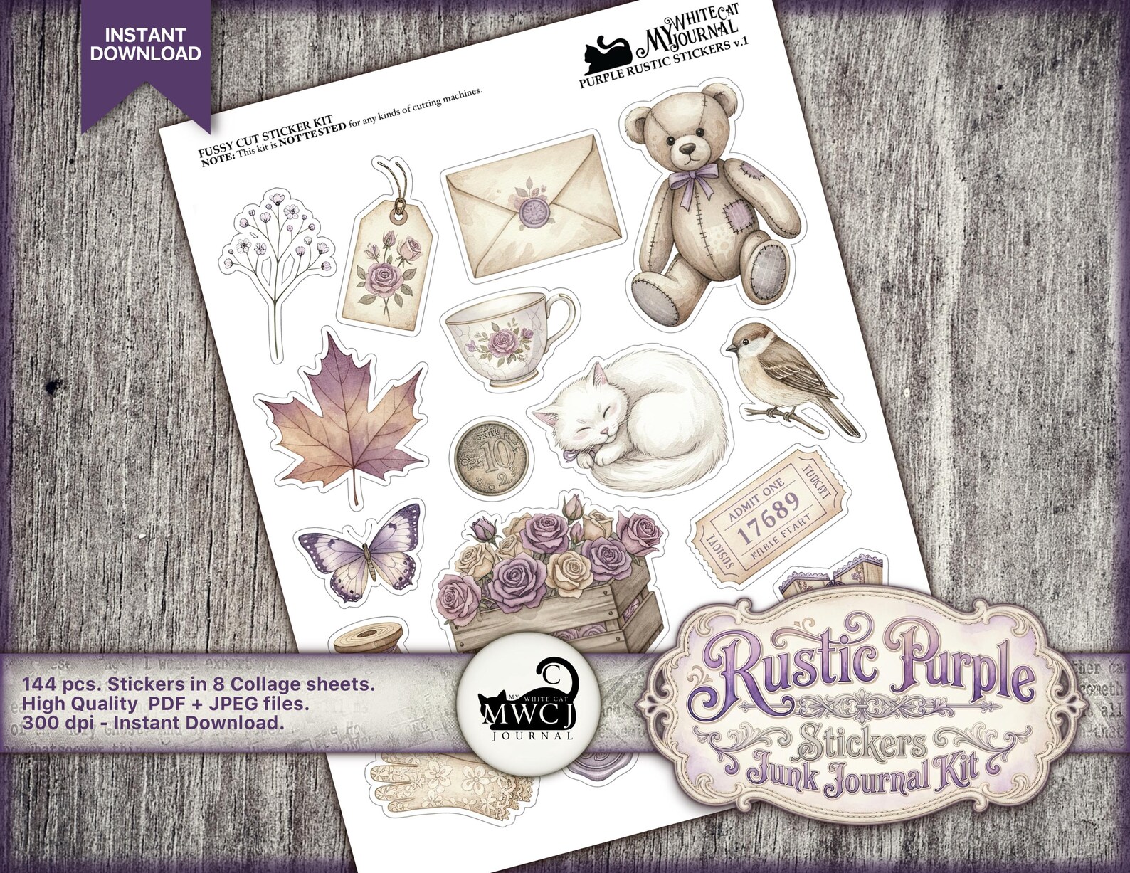 Purple Junk Journal Stickers | Printable Vintage Ephemera Kit | Collage ...