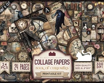 Puede incluir: Un kit de papel de collage imprimible con 24 páginas que presenta una estética vintage. Los papeles incluyen imágenes de relojes, llaves, cráneos, pájaros y otros elementos de inspiración antigua. El kit mide 8,5 pulgadas por 11 pulgadas y tiene una resolución de 300 DPI.