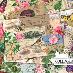 Diário de sucata, papel para colagem, floral, borboleta, cartão-mestre, imprimível, papéis, surrado, pacote de papel, itens efêmeros, álbum de recortes, download digital