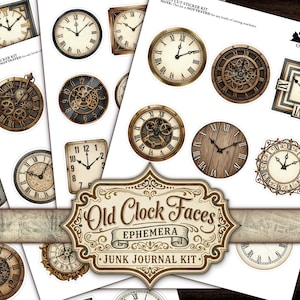 Puede incluir: Una colección de pegatinas de caras de reloj vintage en varias formas y diseños. Las pegatinas presentan números romanos, engranajes y texturas envejecidas. El título "Old Clock Faces Ephemera Junk Journal Kit" se muestra en una etiqueta decorativa.
