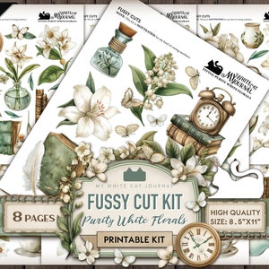 Weißes Blumen Ephemera Kit | Druckbare Junk Journal Aufkleber | Vintage Collage Sheets PDF