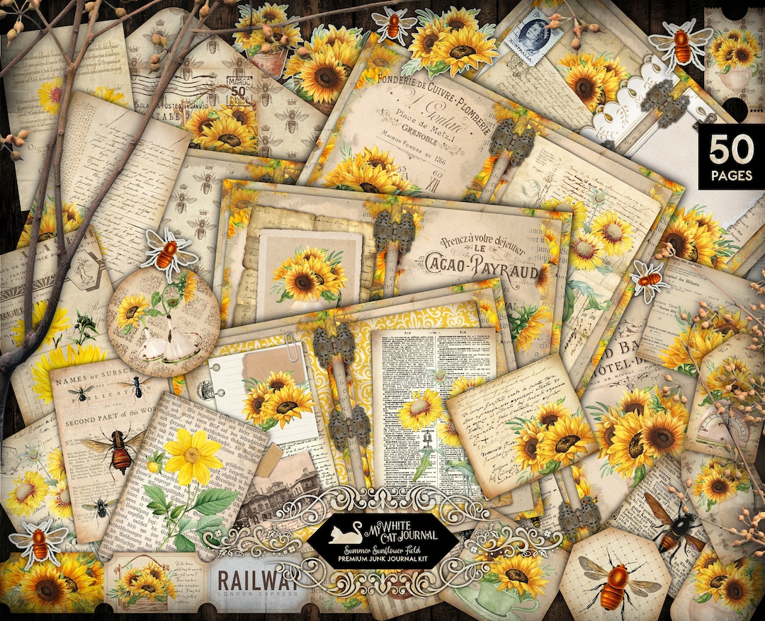 Junk Journal Kit, Sunflower and Bee, Vintage, Ephemera, Craft Kit ...