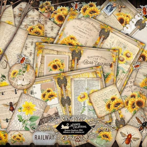 Junk Journal Kit, Sonnenblume und Biene, Vintage, Ephemera, Bastelset, Collageblätter, Scrapbook, Papier, druckbar, digitaler Download