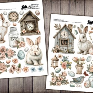 May include: A digital paper pack with illustrations of bunnies, birdhouses, clocks, flowers, and eggs. The paper pack is titled "Tittle Spring Fairytale" and is part of the "White Cat My Journal" collection.