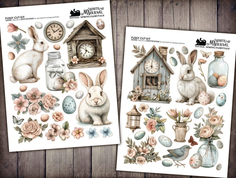 May include: A digital paper pack with illustrations of bunnies, birdhouses, clocks, flowers, and eggs. The paper pack is titled "Tittle Spring Fairytale" and is part of the "White Cat My Journal" collection.