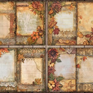 May include: Four printable journal pages with a fall theme. Each page features a different autumnal design with leaves, pumpkins, and flowers in shades of brown, orange, and red. The pages have lined areas for writing.