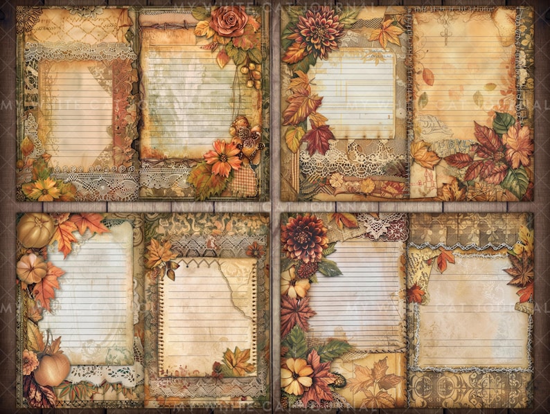 May include: Four printable journal pages with a fall theme. Each page features a different autumnal design with leaves, pumpkins, and flowers in shades of brown, orange, and red. The pages have lined areas for writing.