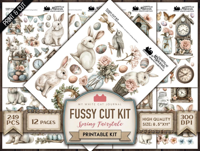 May include: A printable fussy cut kit with 249 pieces for crafting and scrapbooking. The kit features a spring fairytale theme with images of bunnies, birds, clocks, jars, flowers, and eggs. The kit is 8.5 inches by 11 inches and 300 DPI.