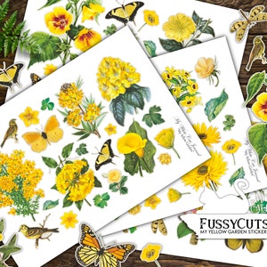 Junk Journal, Fussy Cuts, Yellow Floral Sticker, Ephemera, Collage Sheets, Printable, Flower, Butterfly, Scrapbook, Digital Download