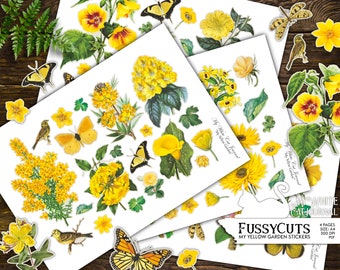 Yellow Junk Journal Stickers | Printable Floral Ephemera Kit | Butterfly Bird Clipart PDF