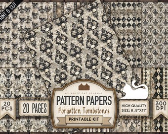 Könnte beinhalten: Ein digitales Papierpaket mit 20 druckbaren Seiten mit einem gruseligen, gotischen Design mit Totenköpfen, Damastmustern und einem abgenutzten, Vintage-Look. Das Papierpaket ist 8,5 Zoll mal 11 Zoll groß und hat 300 DPI.