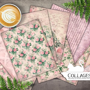 Junk Journal, Schäbige Papiere, Grunge und Rosen, Rosa, Floral, Ephemera, Papierpackung, bedruckbar, Dekorpapier, Scrapbook, digitaler Download
