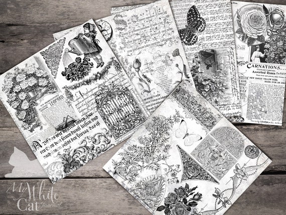 Black and White Floral Papers, Junk Journal, Collage