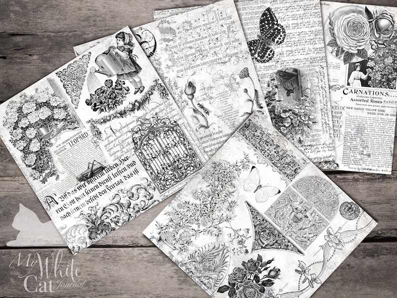 Junk Journal, Ink Saver, Stamp Papers, Collage Paper, Monochrome, Black ...
