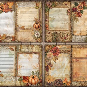 May include: Six printable journal pages with a fall theme. Each page features a different design with fall leaves, pumpkins, and lace accents. The pages are perfect for journaling, scrapbooking, or card making.
