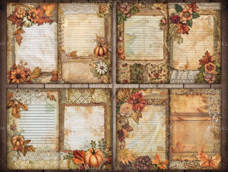 May include: Six printable journal pages with a fall theme. Each page features a different design with fall leaves, pumpkins, and lace accents. The pages are perfect for journaling, scrapbooking, or card making.