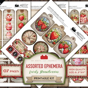 Junk Journal, Assorted Ephemera, Lovely Strawberry, Printable, Card, Embellishments, Strawberry Cards, Scrapbook, Digital Download