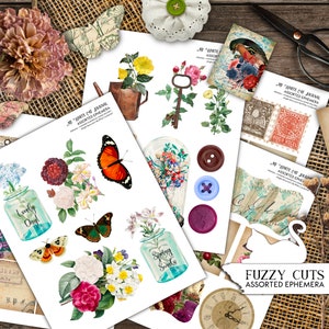 Diário de sucata, itens diversos, recortes elaborados, retalhos vintage, imprimíveis, cartões, adesivos, florais, folhas de colagem, álbum de recortes, download digital