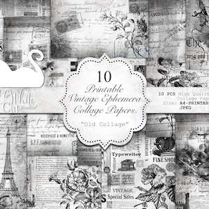 Junk Journal, Collage Paper, Ink Saver, Printable, Vintage, Monochrome, Black And White, Ephemera Papers, Scrapbook, Digital Download