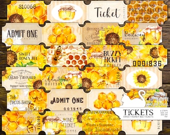 Junk Journal, Sunflower, Honey Bee, Tickets, Printable, Ephemera, Ticket, Card, Embellishments, Scrapbook, Digital Download