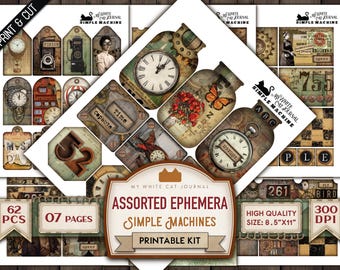 Könnte beinhalten: Ein druckbares Set mit 62 verschiedenen Ephemera-Bildern mit Vintage-Illustrationen von Uhren, Zahnrädern und anderen einfachen Maschinen. Das Set enthält 7 Seiten mit druckbaren Bildern, jede mit einer Größe von 21,6 cm x 27,9 cm, und hat eine Auflösung von 300 DPI.