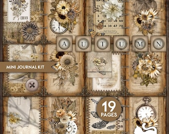 May include: Printable Autumn themed mini journal kit with 19 pages. The kit features a variety of images including sunflowers, butterflies, clocks, and vintage paper textures. The kit is perfect for creating a unique and personalized journal.