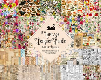 May include: A collage of vintage images featuring flowers, butterflies, birds, mushrooms, and old newspaper clippings. The text "Heritage Designer Bundle 1700+ Elements Junk Journal Designer Complete Set" is displayed in the center of the image.