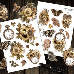 May include: A set of digital printable stickers featuring autumnal imagery, including butterflies, sunflowers, leaves, and antique pocket watches. The text "My Winter Journal Autumn Diary" is included in the image.
