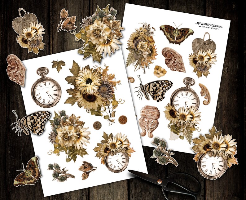 May include: A set of digital printable stickers featuring autumnal imagery, including butterflies, sunflowers, leaves, and antique pocket watches. The text "My Winter Journal Autumn Diary" is included in the image.