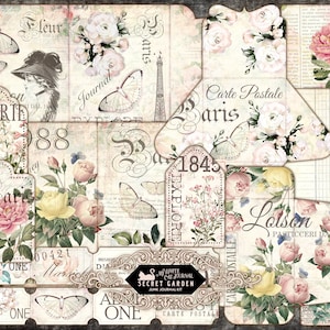 Junk Journal, Secret Garden, Pink Shabby Chic, Ephemera, Floral, Craft kit, Printable, Collage Sheets, Scrapbook, Digital Download