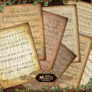 Junk Journal, Kerstmis, Bladmuziek, Afdrukbaar, Vintage, Muzieknoten, Xmas Carol, Ephemera, Papier, Plakboek, Digitale download