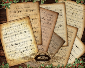 Junk Journal, Christmas, Music Sheet, Printable, Vintage, Music Notes, Xmas Carol, Ephemera, Paper, Scrapbook, Digital Download