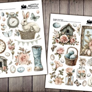 May include: A digital paper pack with a spring theme featuring illustrations of a white rabbit, a birdhouse, a clock, a boot, flowers, eggs, and butterflies. The text "Whitecat My Journal" and "Tittle Spring Fairytale" is included in the image.