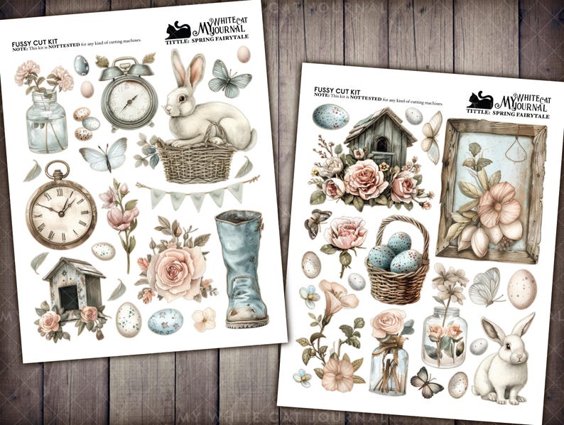 May include: A digital paper pack with a spring theme featuring illustrations of a white rabbit, a birdhouse, a clock, a boot, flowers, eggs, and butterflies. The text "Whitecat My Journal" and "Tittle Spring Fairytale" is included in the image.