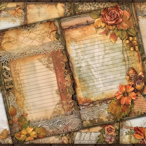 May include: A set of printable digital papers featuring a vintage, autumnal theme. The papers have a distressed, aged look with lace, floral, and fall foliage designs. They are perfect for scrapbooking, card making, and other paper crafts.