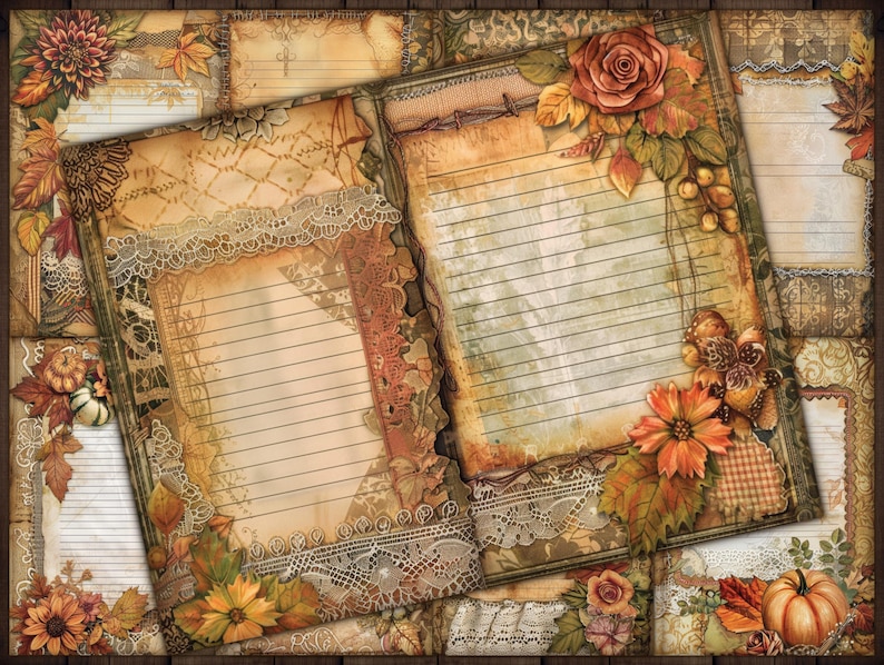 May include: A set of printable digital papers featuring a vintage, autumnal theme. The papers have a distressed, aged look with lace, floral, and fall foliage designs. They are perfect for scrapbooking, card making, and other paper crafts.
