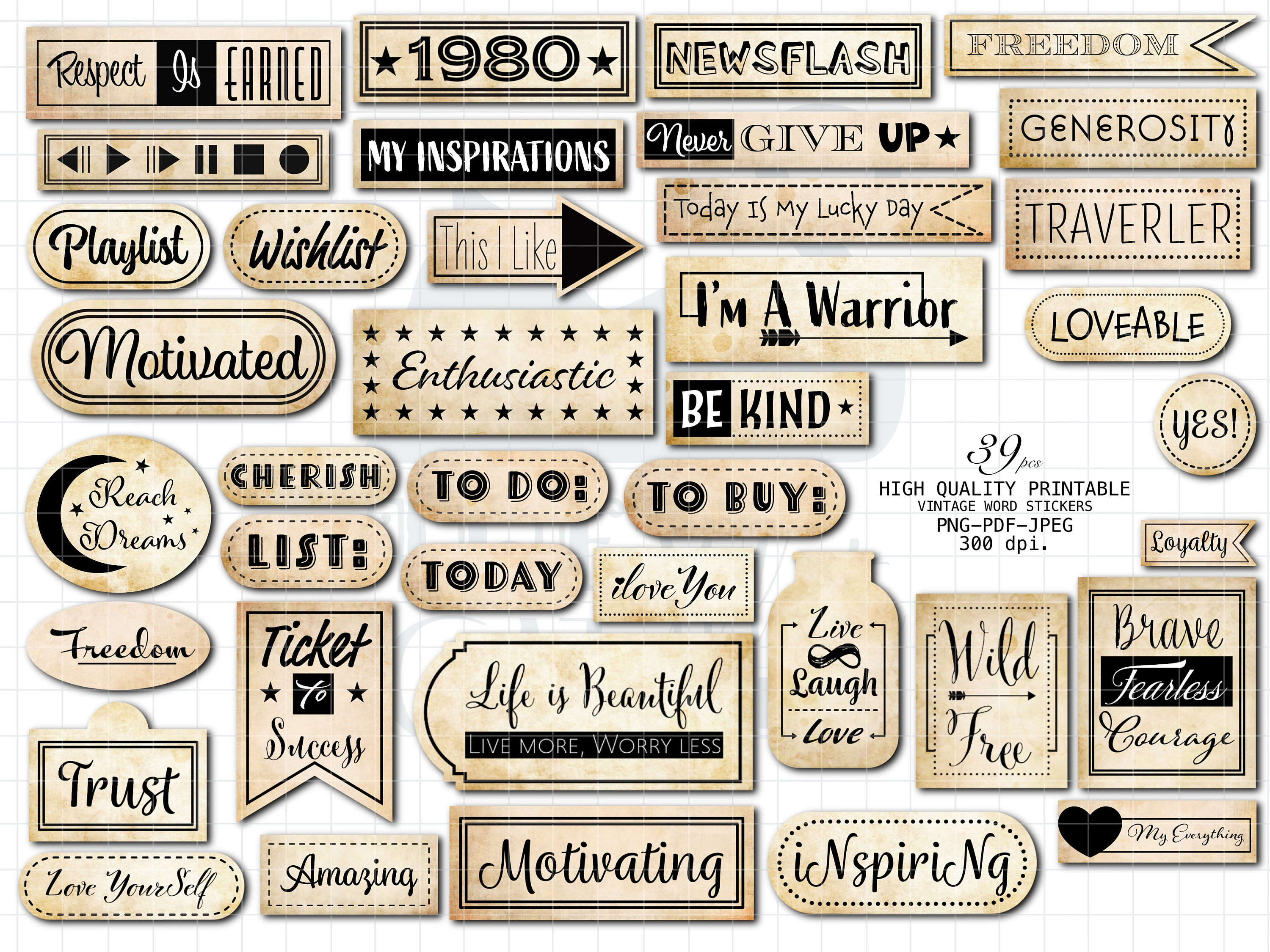 Junk Journal, Vintage Words, Phrases, Printable Word Stickers, Collage  Sheets, Embellishments, Sticker, Scrapbook, Digital Download 