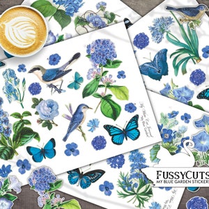 Diario spazzatura, Fussy Cuts, Adesivi floreali blu, Farfalle, Vintage, Effimere, Illustrazioni, Fogli collage, Stampabili, Download digitale