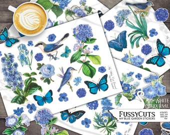 Junk Journal, Fussy Cuts, Blue Floral Stickers, Butterfly, Vintage, Ephemera, Illustration, Collage Sheets, Printable, Digital Download