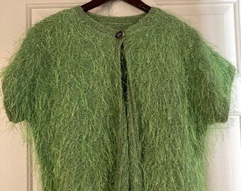 Hand Knit 2 Piece Sweater Jacket & Shell Set, Lime Green Dazzlelash and Stone Cotton, Unique and Stunning