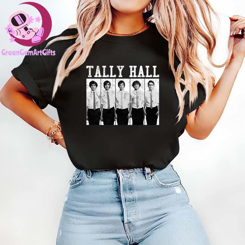 May include: Black T-shirt featuring the band name "TALLY HALL" in white block letters above a black and white image of the band members. The band members are wearing white shirts, ties, and black pants.