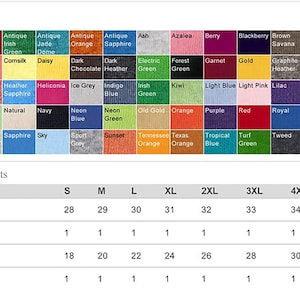 May include: Color chart with various fabric colors, including white, black, red, and blue. Measurements for body length and width are displayed in inches, ranging from 28 to 35 inches in length and 18 to 32 inches in width.