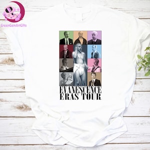 Pode incluir: Camiseta branca com uma colagem de imagens e o texto "EVANESCENCE ERAS TOUR" em preto. A colagem inclui nove imagens de uma pessoa em várias poses e roupas, em fundos coloridos.