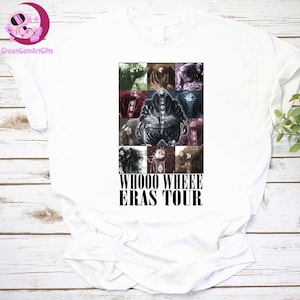 Puede incluir: Camiseta blanca con un diseño gráfico que presenta una imagen central rodeada de imágenes más pequeñas. El diseño incluye el texto "WHOOO WHEEE ERAS TOUR" en negrita, en negro. La camiseta está hecha de un material suave y cómodo.