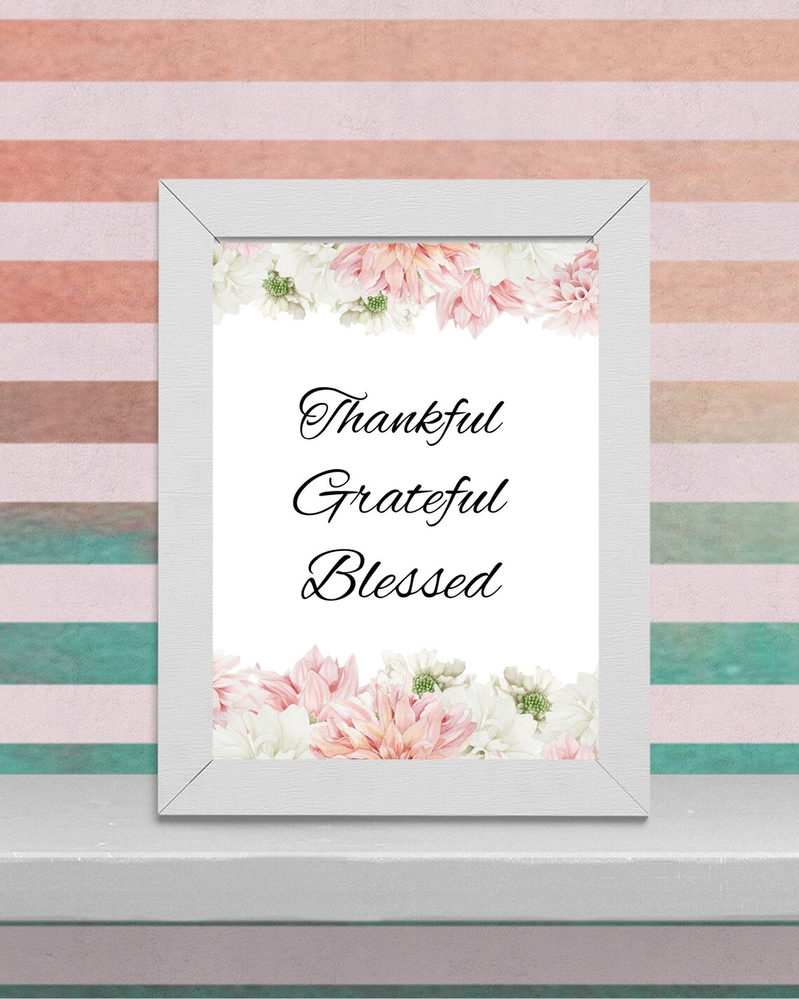 Floral pink Thankful Grateful Blessed wall art | Etsy